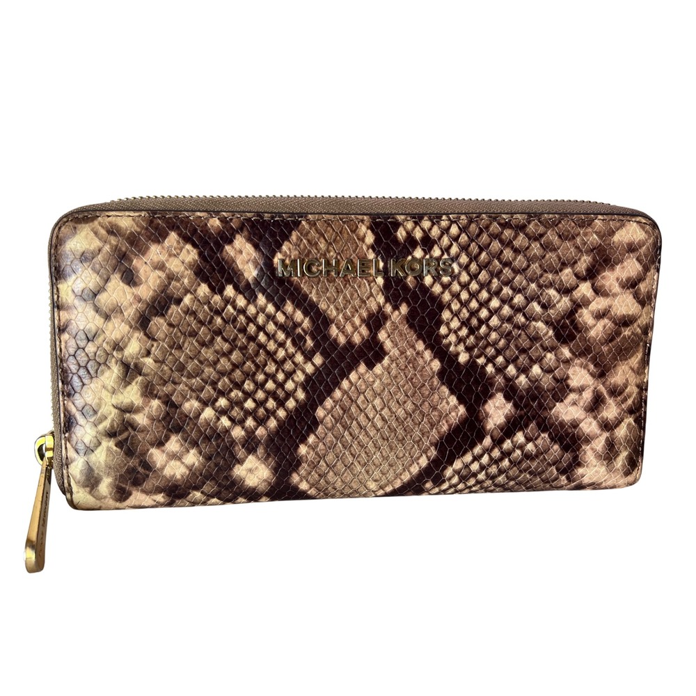 Michael Kors Brown Snakeskin Embossed Zip Around Continental Jet‎ Set Wallet